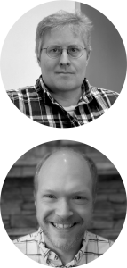 headshots for two white men; top has short gray hair and glasses; bottom has buzzed blond hair and a beard