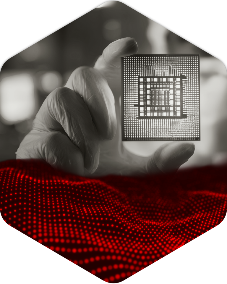 An abstract wave with glowing red particles, representing data, technology, or artificial intelligence concepts, overlaying a grayscale image of a gloved hand holding up a microchip.