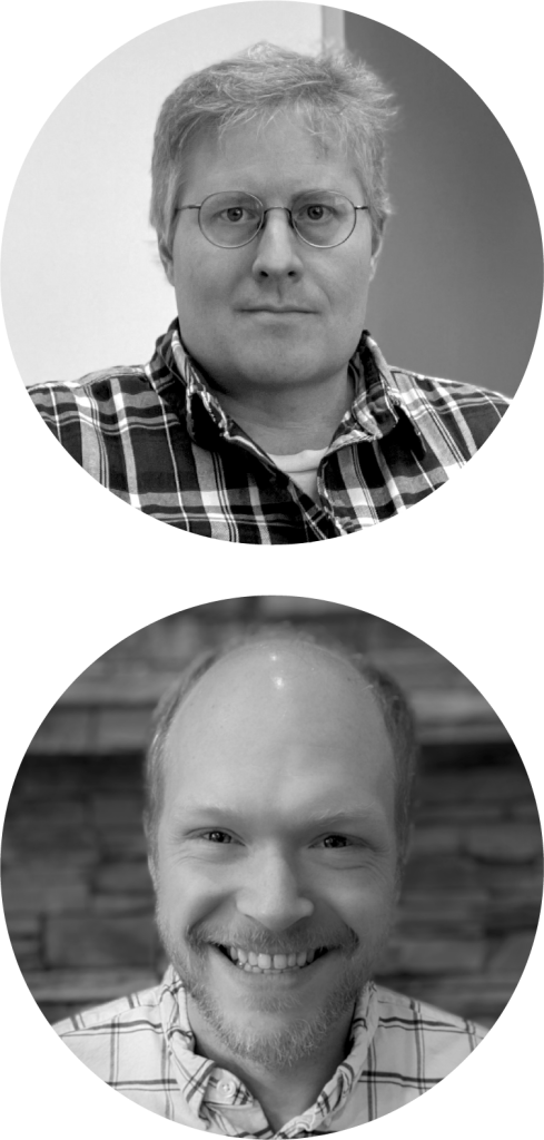 headshots for two white men; top has short gray hair and glasses; bottom has buzzed blond hair and a beard