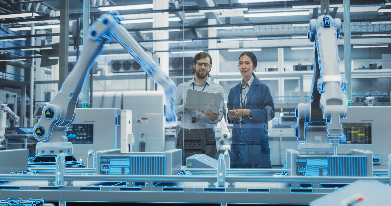 two people standing in front of an automated manufacturing line